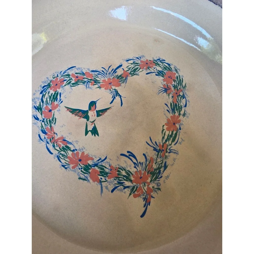 Vintage 1999 Home & Garden Party Hummingbird Floral Heart Stoneware Plates Set 2